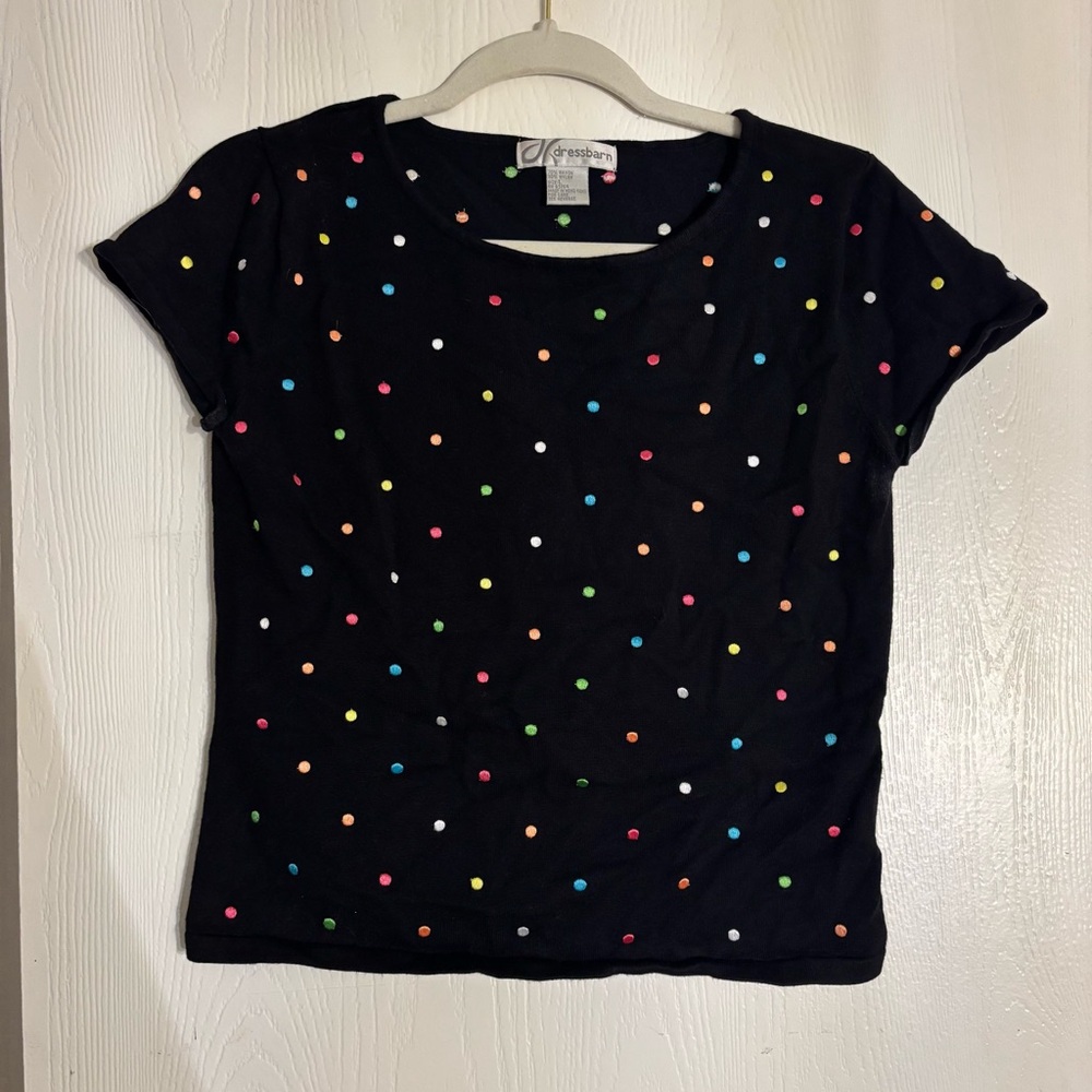 Dressbarn Black Top with Colorful Polka Dots